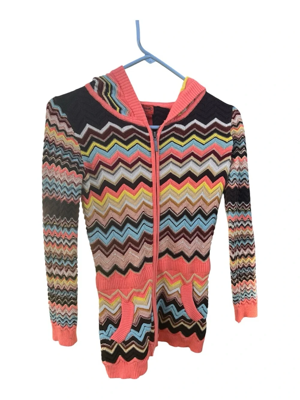 Missoni  Multicolor Chevron Zip Hoodie Jacket - coral  Accent trim